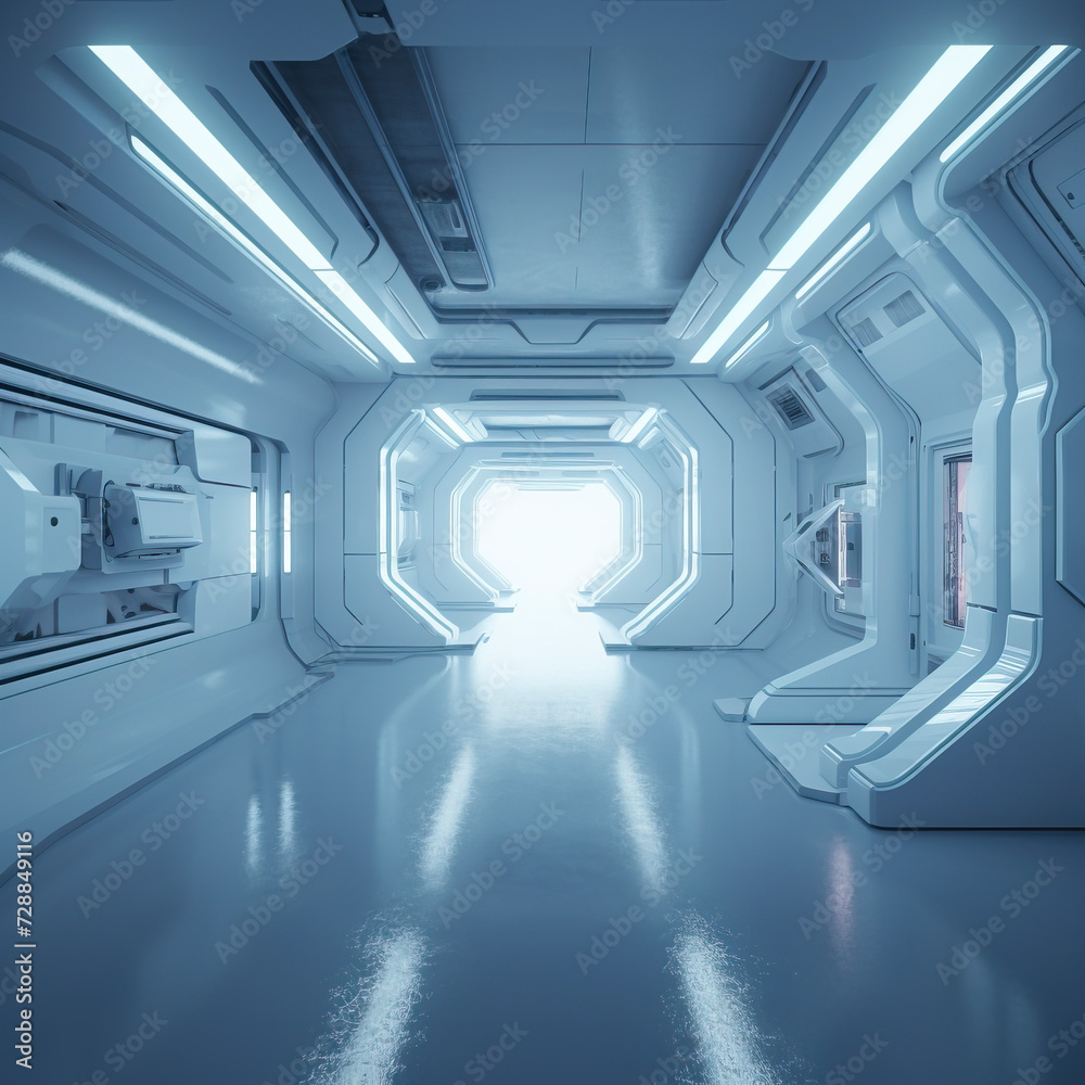 Obraz premium Sleek Futuristic Space Station Corridor Design created with Generative AI technology