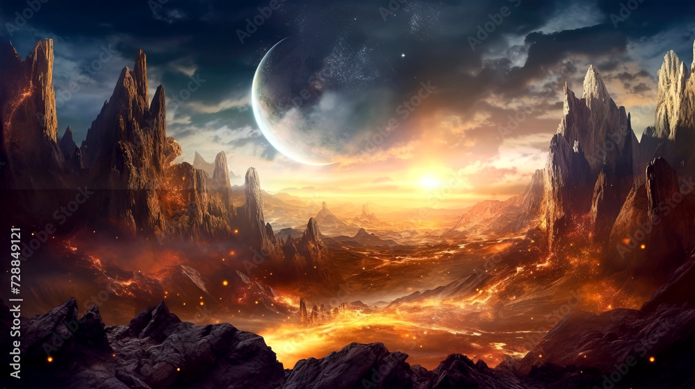 Alien Planet Landscape at Sunset with Majestic Moon created with Generative AI technology