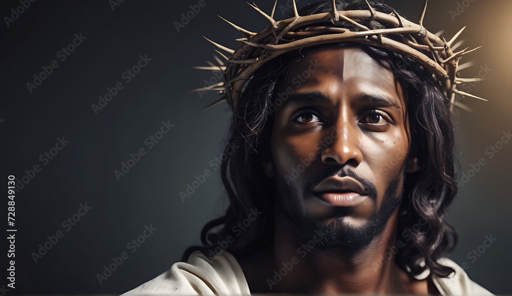 Portrait of black Jesus Christ with crown of thorns on his, head in the darkness in front of the crucifix in the background, a heavenly ray.