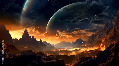 Alien Planet Landscape at Sunset with Majestic Moon created with Generative AI technology