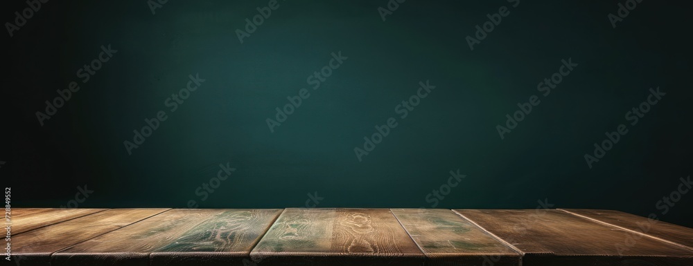 Wooden Table With Green Wall Background - obrazy, fototapety, plakaty 
