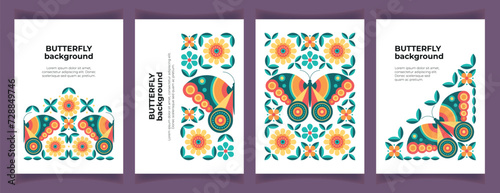 Set of beautiful abstract geometric backgrounds with butterflies and flowers. Spring or summer decorative floral card. Poster, invitation, gift card, packaging design element