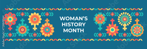 Women's history month banner with abstract geometric floral elements