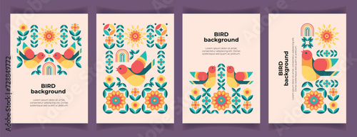 Set of abstract backgrounds with stylised bird, flowers, sun, rainbow. Cutel geometric pattern with bird and nature symbols in scandinavian style. Nostalgic romantic greeting or thank you card