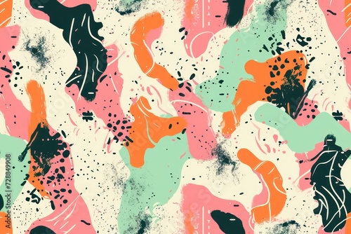 Abstract background with green, pink, and orange colors, asymmetrical colorful packaging pattern design, and brush ink style. photo