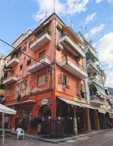 Fototapeta Naklejka Na Ścianę i Meble -  Corfu street view, Kerkyra old town beautiful cityscape, Ionian sea Islands, Greece, a summer sunny day, pedestrian streets with shops and cafes, architecture of historic center, travel to Greece
