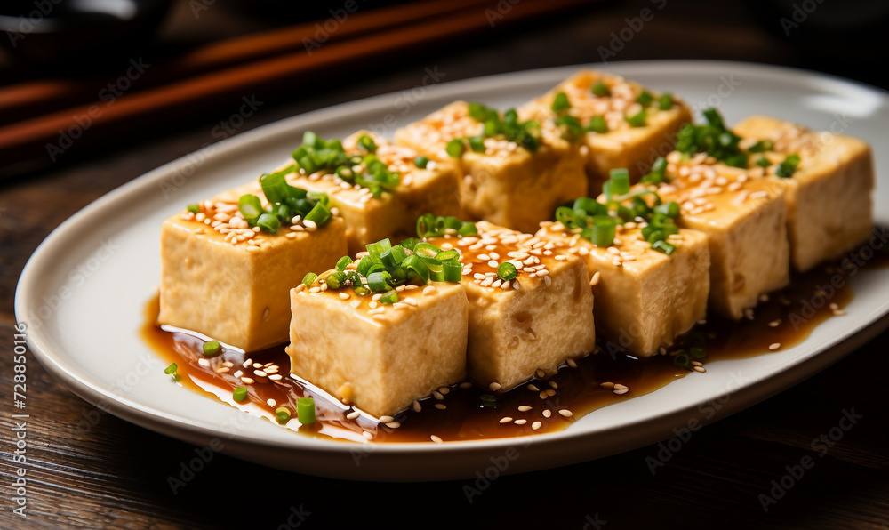 Tofu with soy sauce and sesame seeds, Japanese food Tofu with soy sauce and sesame seeds, Japanese food