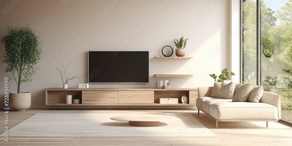 Modern living room with sofa, table, window wall, and TV shelf in house. Modern living room with sofa, table, window wall, and TV shelf in house.