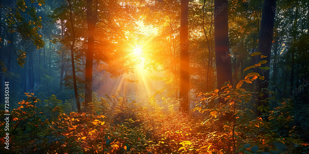 Beautiful forest with bright sun shining