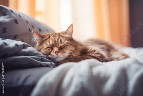 Cat is sleeping on fluffy duvet. Comfortable sleep in bedroom. Cute pet has a nap on couch. Tranquil scene with domestic animal. 