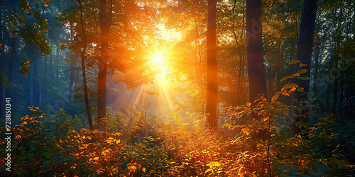 Beautiful forest with bright sun shining