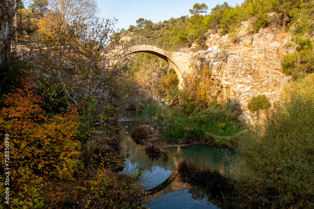 Turkey's waterfalls and rivers. Historic stone bridge and waterfall. Clandras bridge and Clandras waterfall. Usak , Turkey