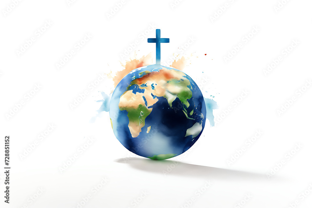 Religious Global Mission: Dissemination of Information. The cross of Jesus Christ with the earth globe in watercolors on a white background. Religious Global Mission: Dissemination of Information. The cross of Jesus Christ with the earth globe in watercolors on a white background.