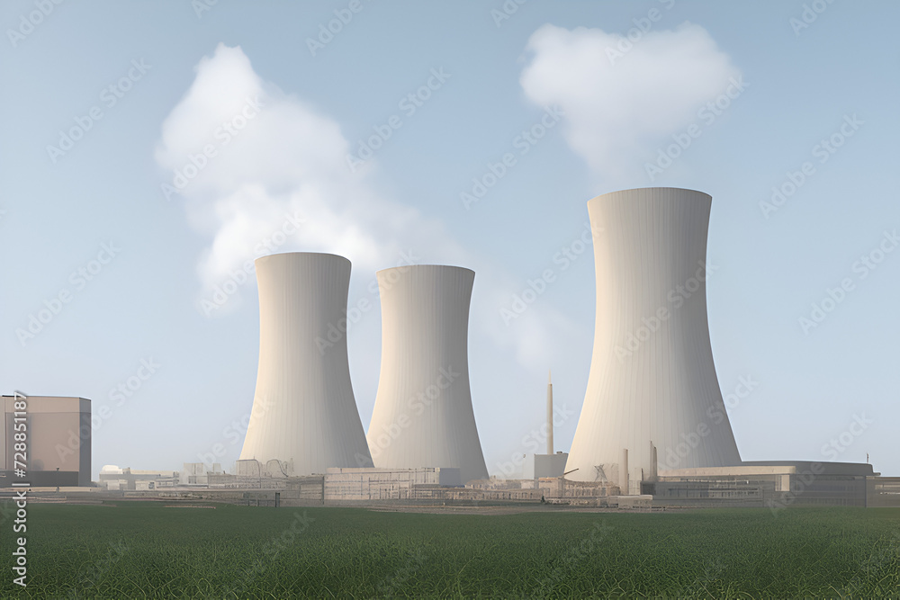 Nuclear power plant complex with smoke fumes and steam for fission power electric energy production generation for urban industrial concept background