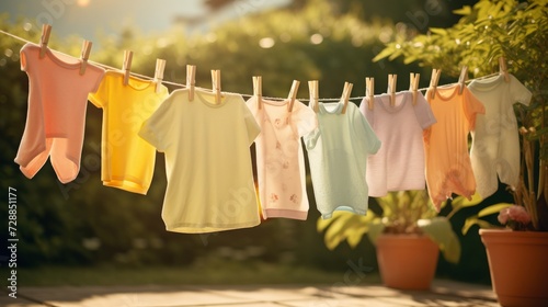 Children s T-shirts drying outside. Neural network AI generated art