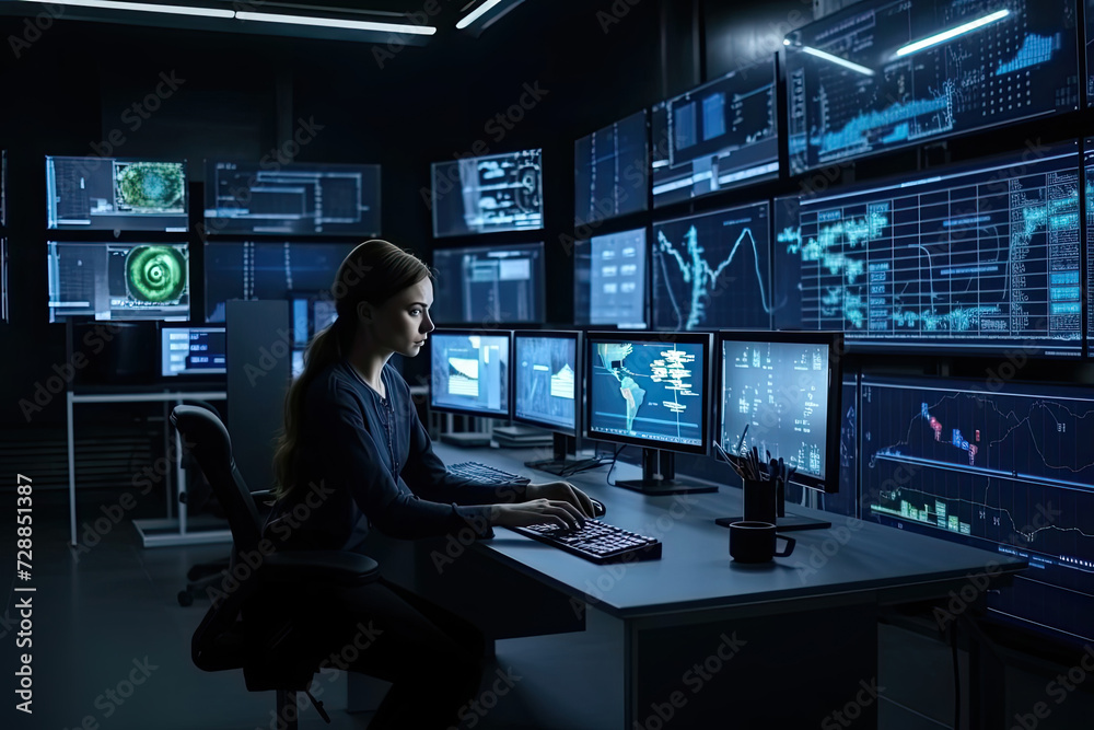 Midnight Vigil of the Cybersecurity Specialist in a High-Tech Control Room Midnight Vigil of the Cybersecurity Specialist in a High-Tech Control Room