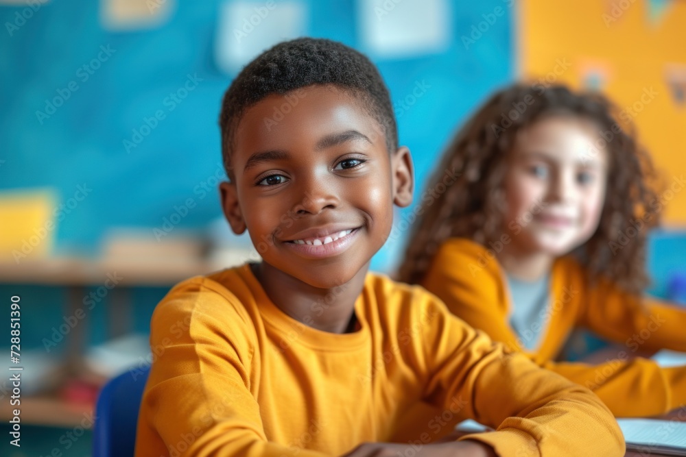 African-American Student Sitting in Classroom with Defocused Students, Looking at Camera
