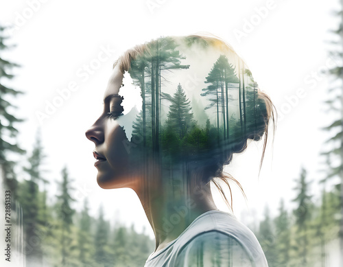 Abstract image. Double exposure of a woman's head with a forest landscape worried about the problem of the destruction of forests and trees on an isolated light nature background.