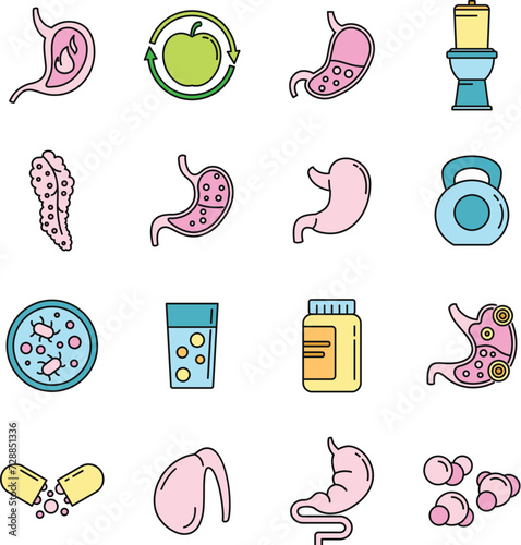 Digestion health icons set. Outline set of digestion health vector icons thin line color flat on white