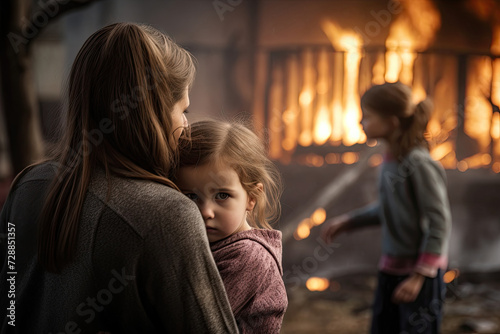 In heart wrenching scene, young child finds solace in arms of adult as fire consumes their surroundings, highlighting poignant contrast between innocence of embrace and the devastation of disaster