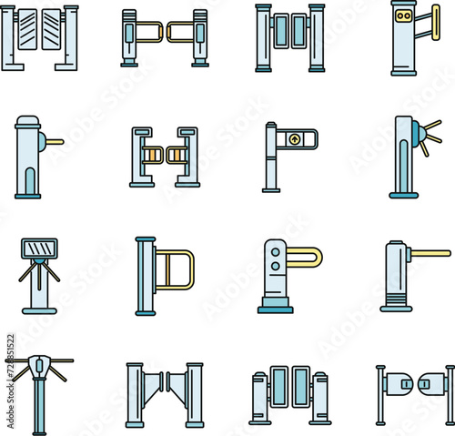 Turnstile access icons set. Outline set of turnstile access vector icons thin line color flat on white