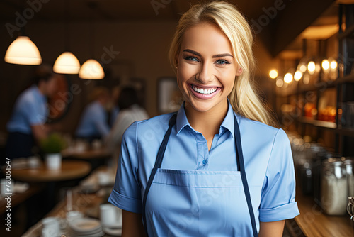 Captivating woman, dressed in a blue shirt, confidently stands in a restaurant, immersing herself in the thriving ambiance.