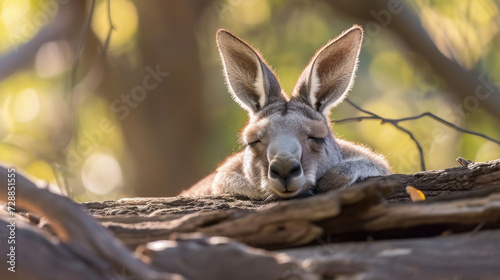 a close up of a kangaroo laying on top of a tree branch with it's head resting on it's side, with its eyes closed and eyes closed.