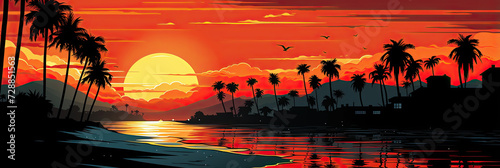 Stunning tropical sunset  with silhouettes of palm trees and birds against a fiery sky  reflecting over tranquil waters.