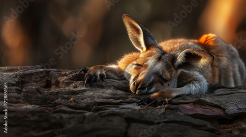  a close up of a small animal laying on a wooden surface with it's head resting on a log with it's eyes closed and it's eyes closed.