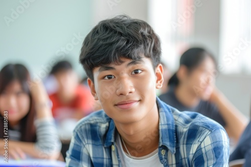 Asian Teenage Male Student Sitting in Classroom with Defocused Students, Looking at Camera © Marina