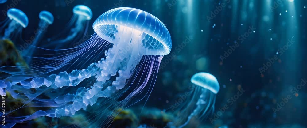 Bioluminescent Jellyfish Adrift in the Ocean Depths. Translucent jellyfish with blue bioluminescence float in the dark ocean, their tentacles trailing beautifully in the water
