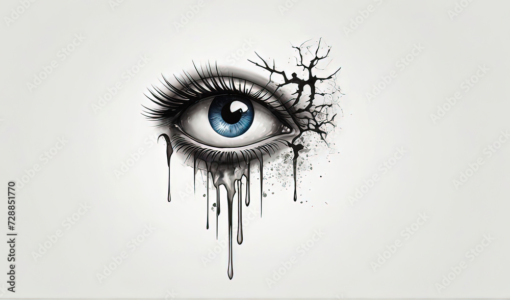 tattoo design eye with tear and broken heart, eye of the girl on white background