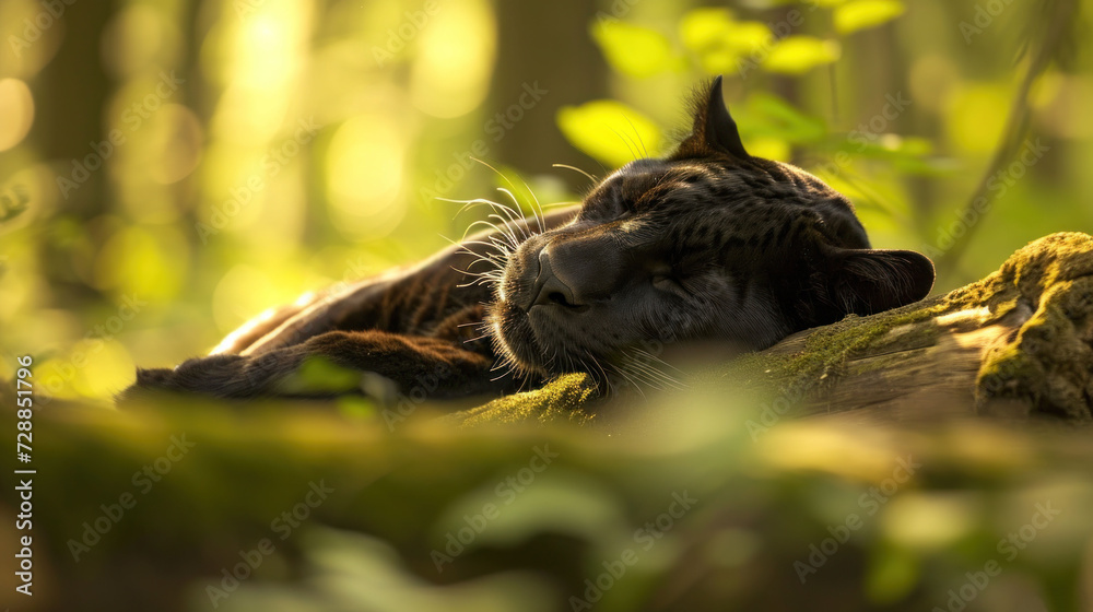  a close up of a cat laying on top of a tree trunk in the middle of a forest with green plants and a tree trunk in the middle of it's foreground.