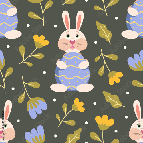 easter pattern with rabbits and flowers on dark background