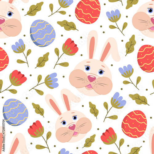 Vector Easter pattern with cute bunny, Easter eggs and colorful flowers, cute Easter motif 