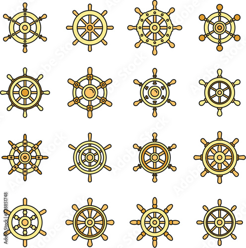 Ship wheel element icons set. Outline set of ship wheel element vector icons thin line color flat on white