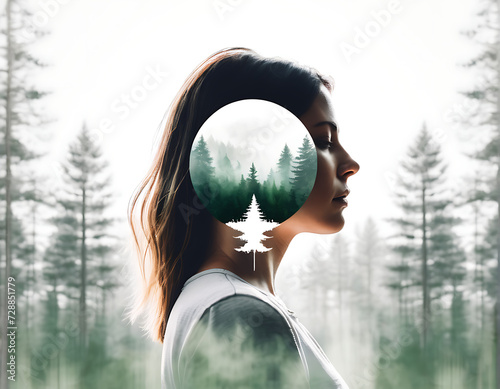 Abstract image. Double exposure of a woman's head with a forest landscape worried about the problem of the destruction of forests and trees on an isolated light nature background.