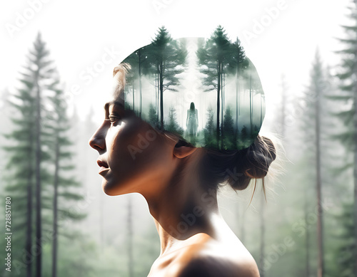 Abstract image. Double exposure of a woman's head with a forest landscape worried about the problem of the destruction of forests and trees on an isolated light nature background.