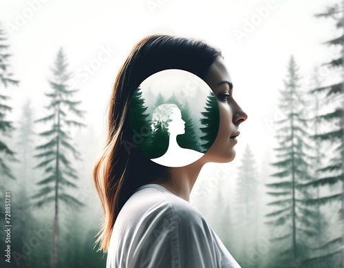 Abstract image. Double exposure of a woman's head with a forest landscape worried about the problem of the destruction of forests and trees on an isolated light nature background.