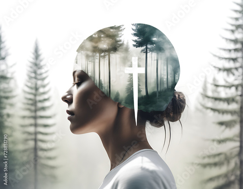 Abstract image. Double exposure of a woman's head with a forest landscape worried about the problem of the destruction of forests and trees on an isolated light nature background.