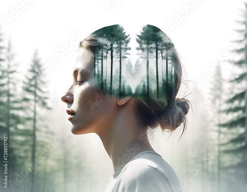 Abstract image. Double exposure of a woman's head with a forest landscape worried about the problem of the destruction of forests and trees on an isolated light nature background.