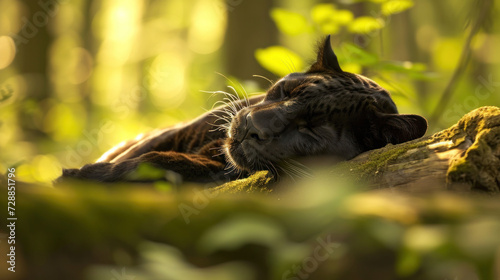 a close up of a cat laying on top of a tree trunk in the middle of a forest with green plants and a tree trunk in the middle of it's foreground.