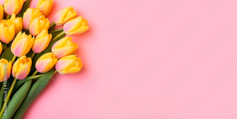 A bouquet of yellow tulips lies on a pink background, top view with copy space. Natural background. Banner with tulips A bouquet of yellow tulips lies on a pink background, top view with copy space. Natural background. Banner with tulips