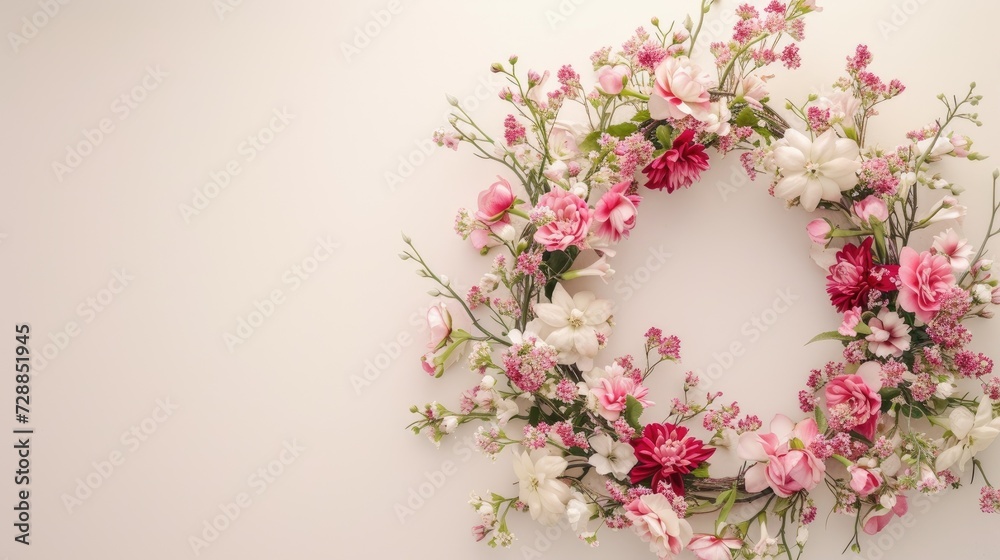 a floral wreath delicately arranged on a light background, with ample free space for text, perfect for wedding invitations, greeting cards, or announcements, exuding beauty and sophistication. a floral wreath delicately arranged on a light background, with ample free space for text, perfect for wedding invitations, greeting cards, or announcements, exuding beauty and sophistication.