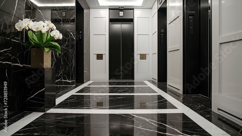 a bright basement elevator room reminiscent, featuring black and white marble flooring, white walls, and top surfaces with integrated storage space, exuding sophistication and modern luxury.