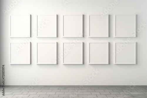 A mockup of a several blank picture frames on the wall in a contemporary style gallery. © Helios4Eos