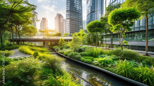 sustainable cityscape with green buildings and urban gardens, illustrating eco-friendly urban planning on Earth Day