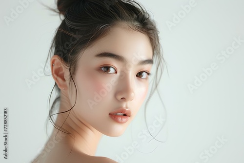 portfolio shot of 20 years old korean female model with perfect skin, sleek hair bun, no makeup, relaxed face, open forehead, isolated on the white background. generative AI photo