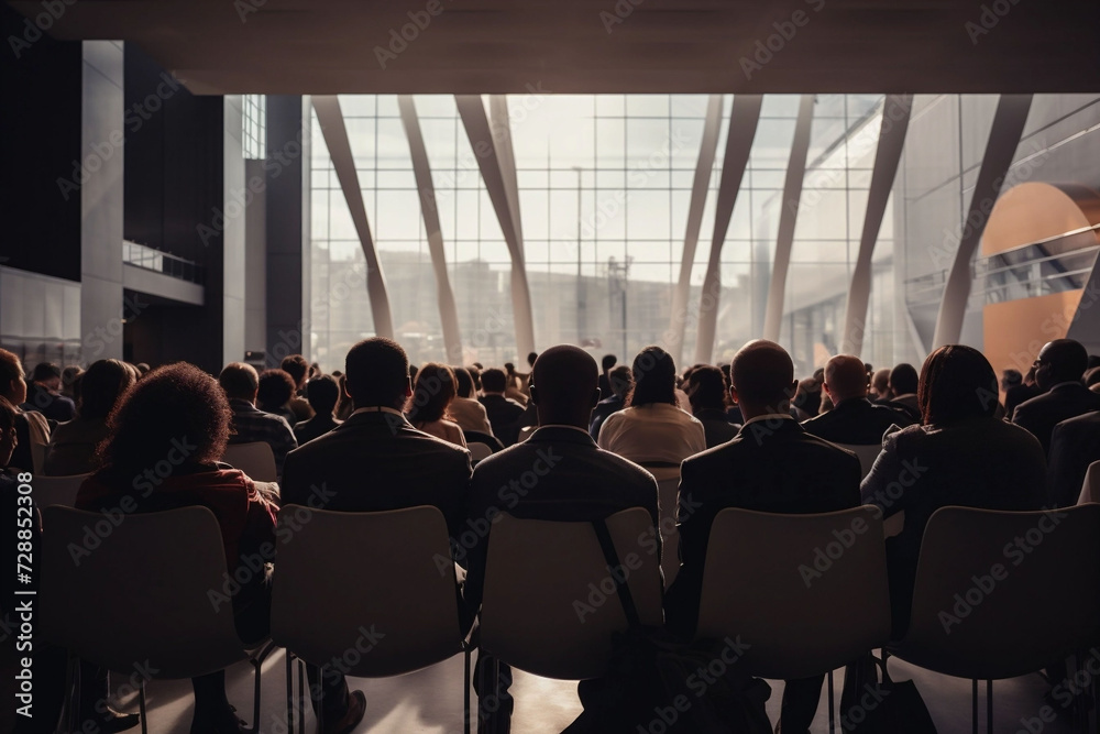 A back view of an audience seated in a modern conference room with a glass facade. suggests a corporate or educational event and could be used for seminars or company meetings