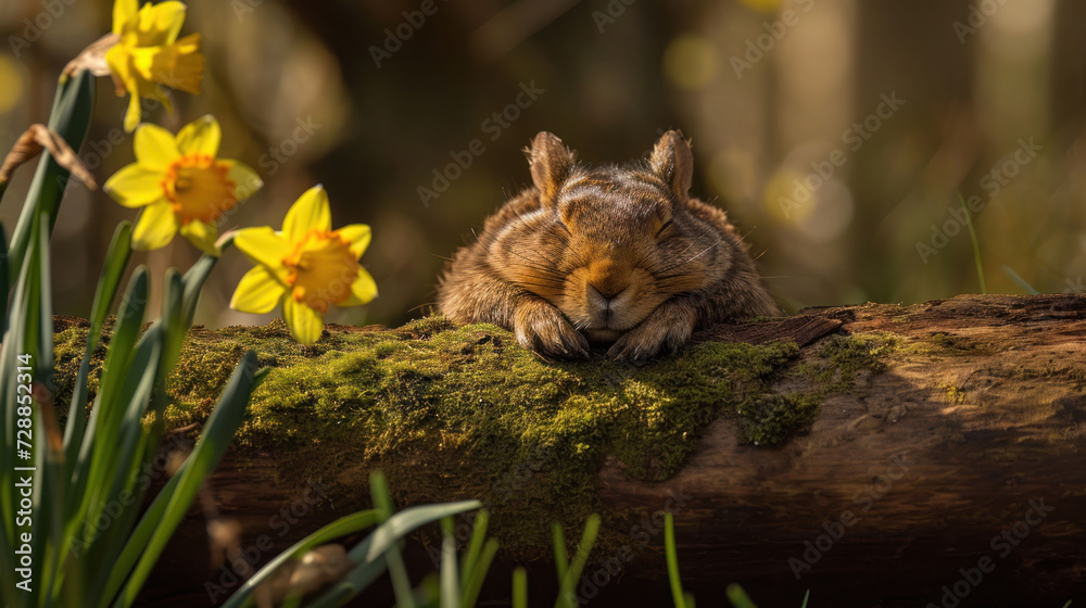  a close up of a small animal laying on top of a tree branch with flowers in the background and a mossy log in the foreground with yellow flowers in the foreground.